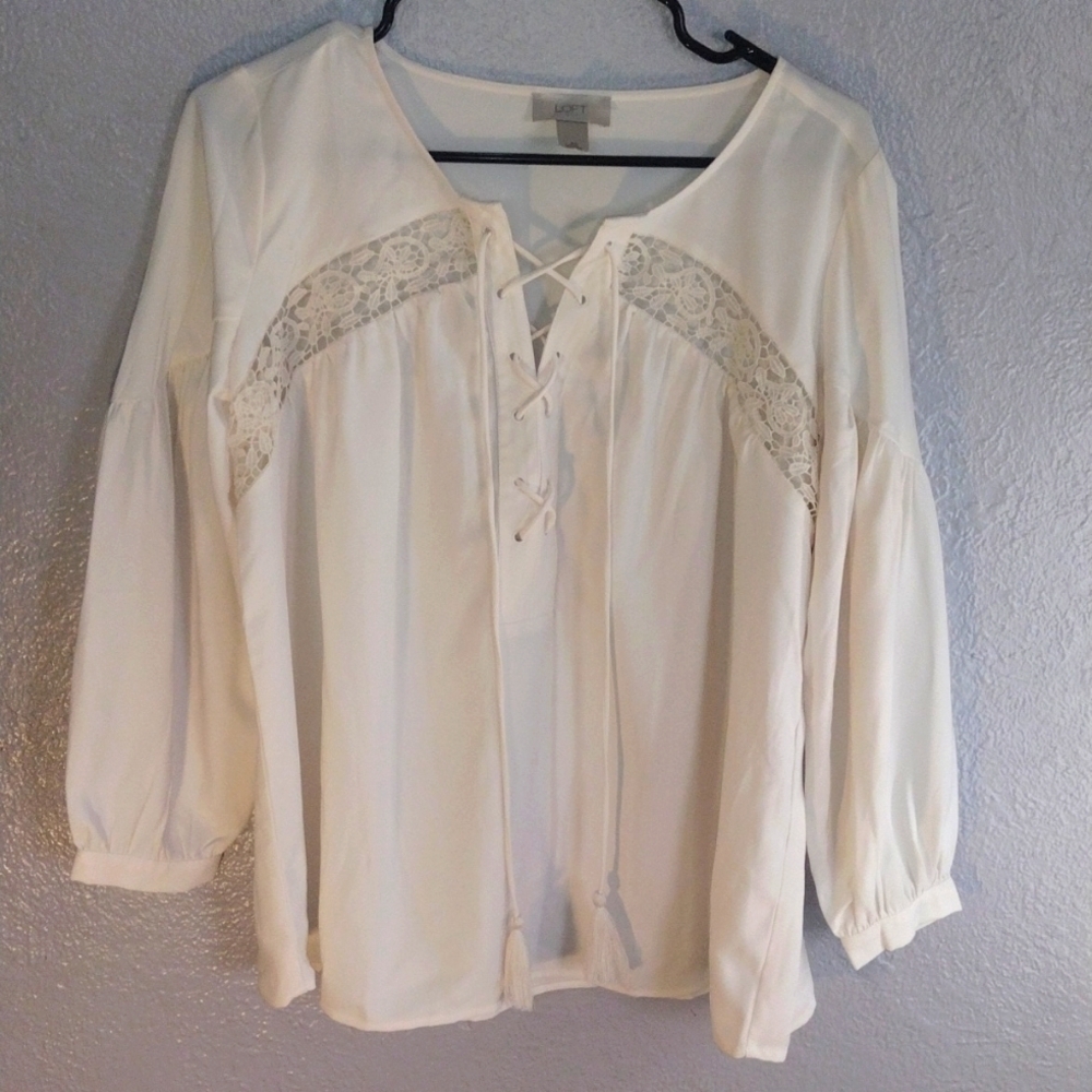 Cream Peasant Puff Sleeve Lace up Front Top Oversized XS